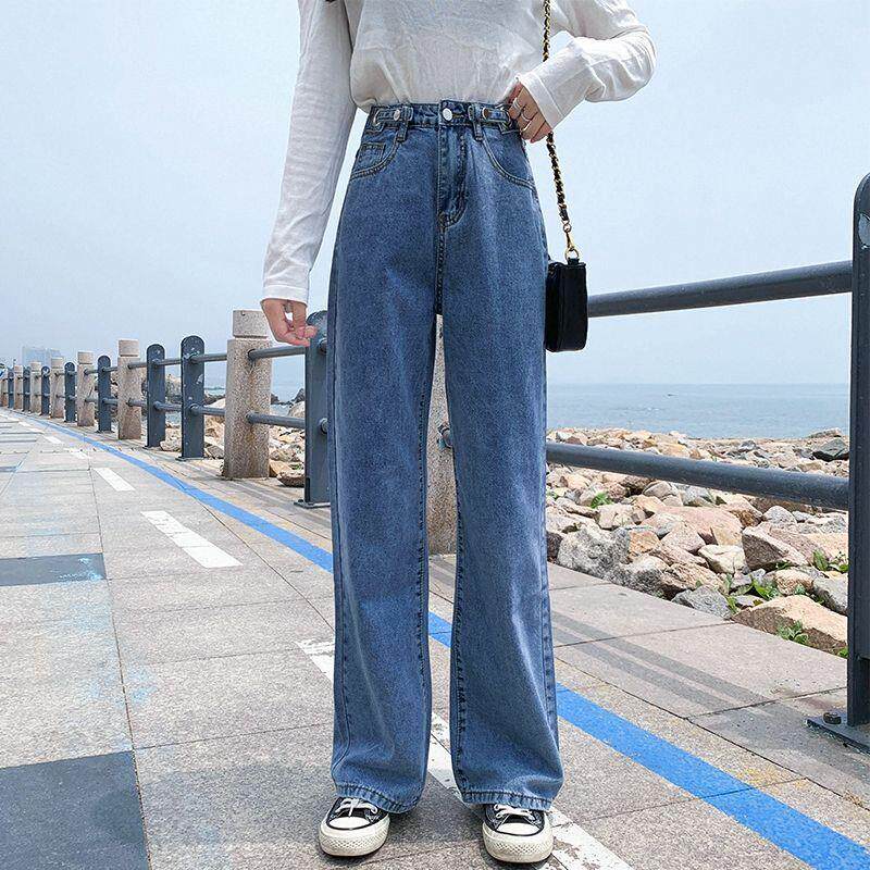 牛仔裤女复古百搭外穿高腰宽松可调腰围直筒阔腿时尚垂感拖地裤子