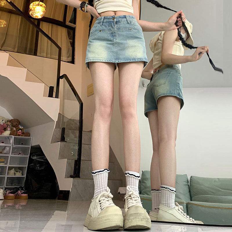 薄款牛仔a字半身裙女夏天设计感小众防走光裙裤ins高腰包臀短裙子