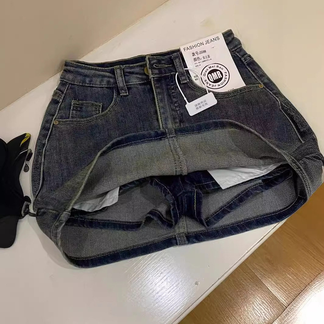 美式复古牛仔短裙女夏季新款高腰弹力显瘦a字裙防走光辣妹包臀裙