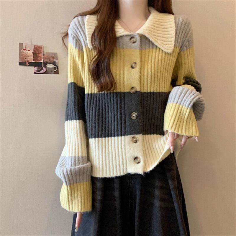 秋冬大码温柔风条纹软糯毛衣秋冬新款翻领针织衫胖mm显瘦休闲上衣