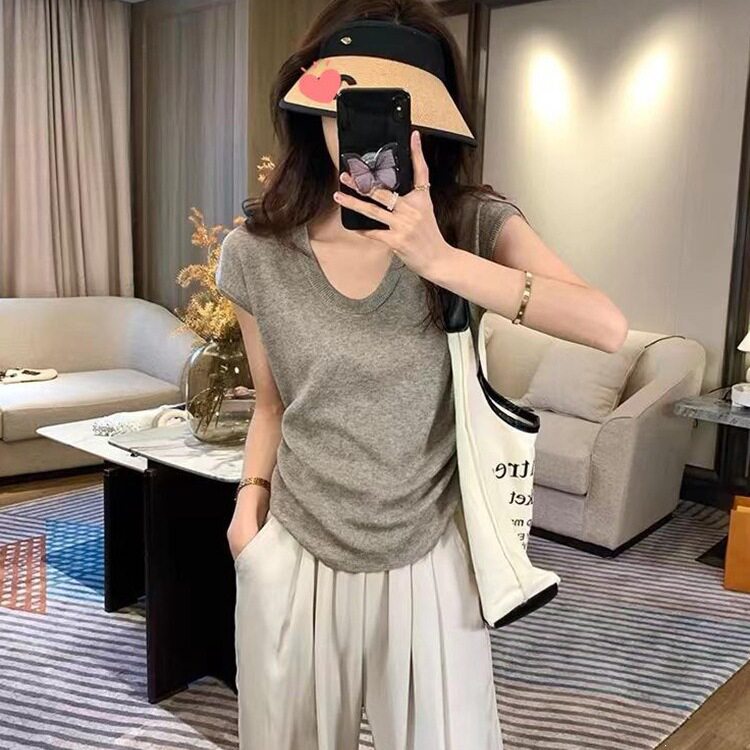 软糯针织U领短袖针织衫T恤女2026早春修身显瘦半袖打底衫气质上衣