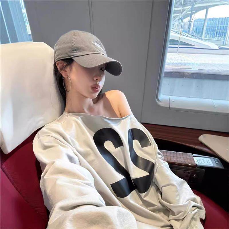 美式复古字母印花卫衣女春秋慵懒风休闲宽松oversize斜肩套头上衣