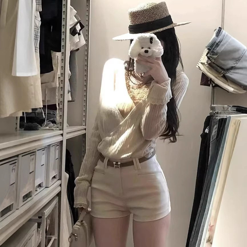 luna潞娜 白色短裤女高腰设计感西装百搭修身热裤
