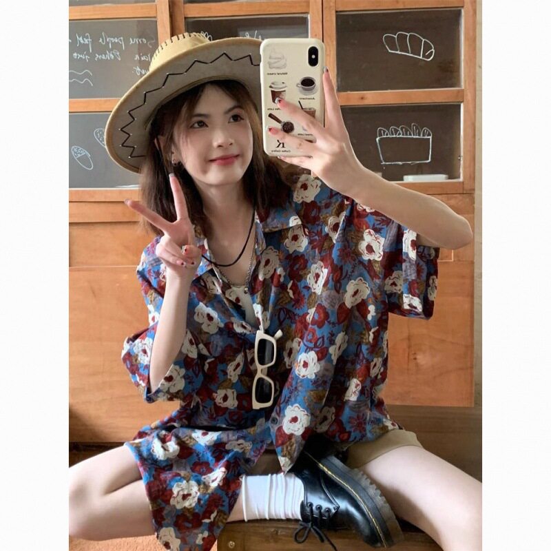 酷痞风复古花衬衫女夏季设计感小众宽松bf休闲印花短袖衬衣上衣潮