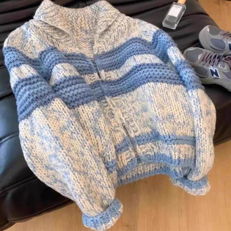 韩系慵懒风绝美蓝色条纹翻领粗针织毛衣外套秋冬女新款时尚上衣潮