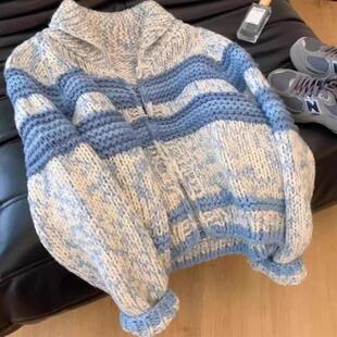 韩系慵懒风绝美蓝色条纹翻领粗针织毛衣外套秋冬女新款时尚上衣潮