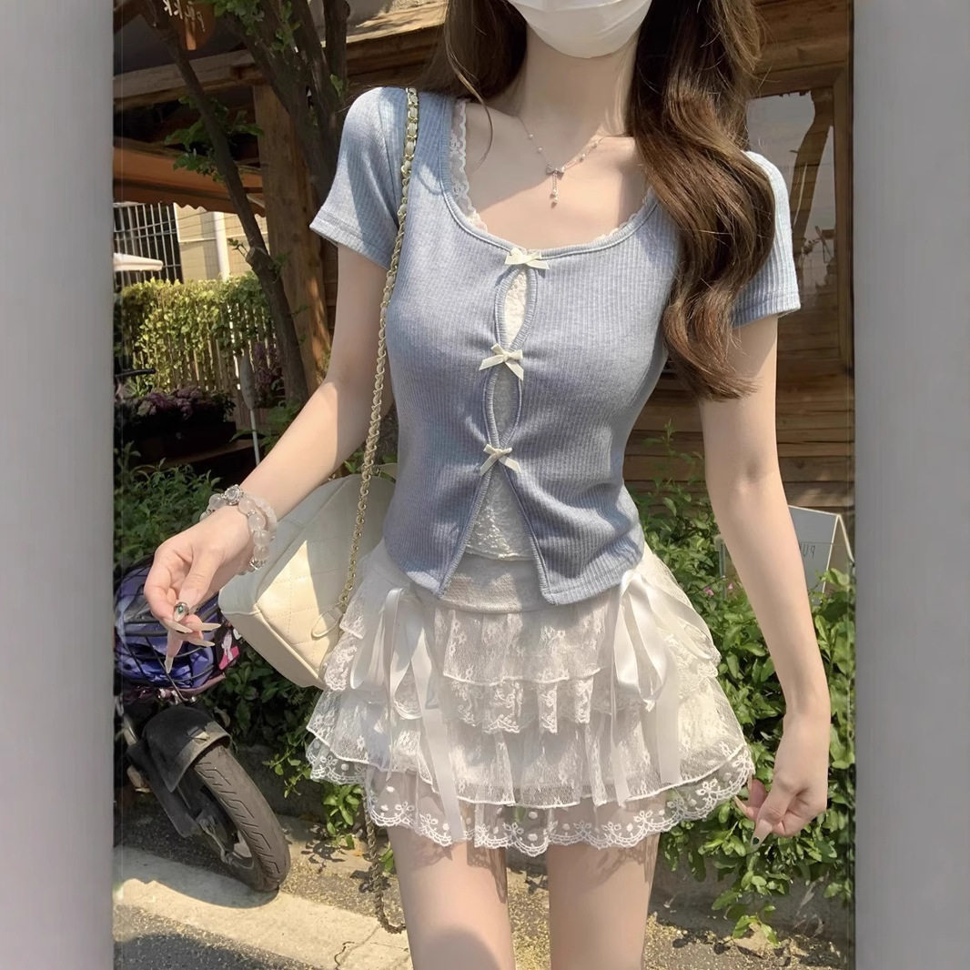 韩系chic假两件蕾丝钩花短袖T恤女夏季设计感蝴蝶结修身短款上衣