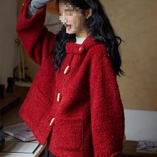 红色牛角扣短款连帽大衣小个子秋冬新款感圈圈毛呢外套女