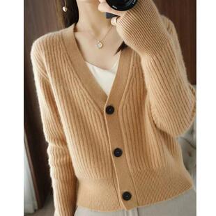 新款洋气开衫秋上档次女V领宽松纯色毛衣外套针织衫秋上衣韩版