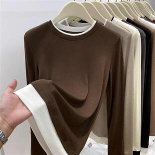 假两件打底衫大码长袖T恤女士冬季美式复古甜辣微胖mm显瘦上衣ins