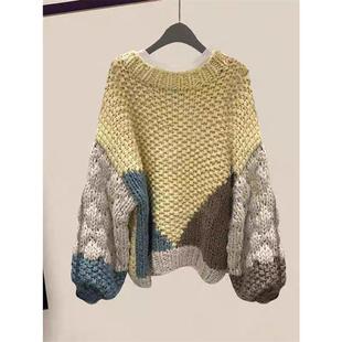 2025秋冬新款宽松慵懒风套头毛衣女复古拼色加大版时尚针织女毛衣