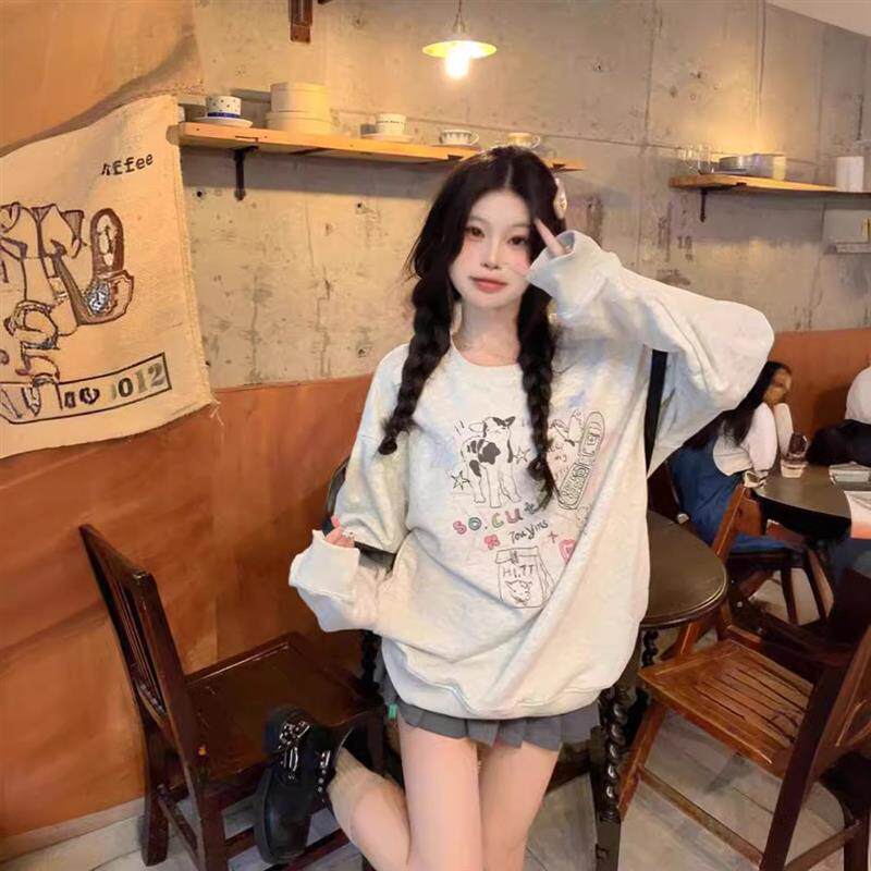 美式复古灰色圆领无帽卫衣女春秋2025新款卡通印花宽松休闲上衣潮