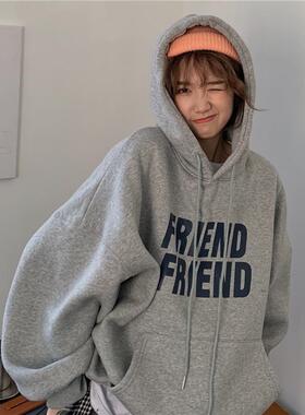 灰色加绒连帽卫衣女装秋季冬2025新款宽松bf慵懒风小个子上衣服潮