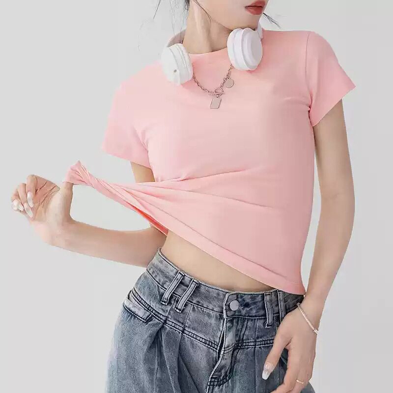 爆款圆领正肩短袖t恤女款2025春夏季修身显瘦性感辣妹气质上衣