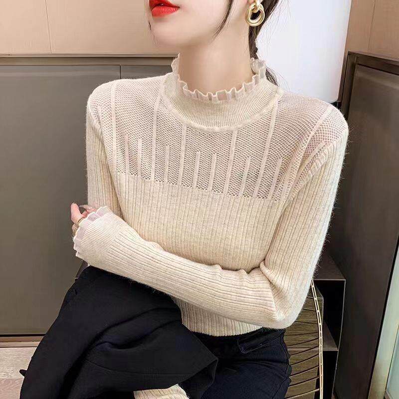 2025网红新款蕾丝半高领打底衫女长袖修身显瘦镂空欧根纱毛衣女