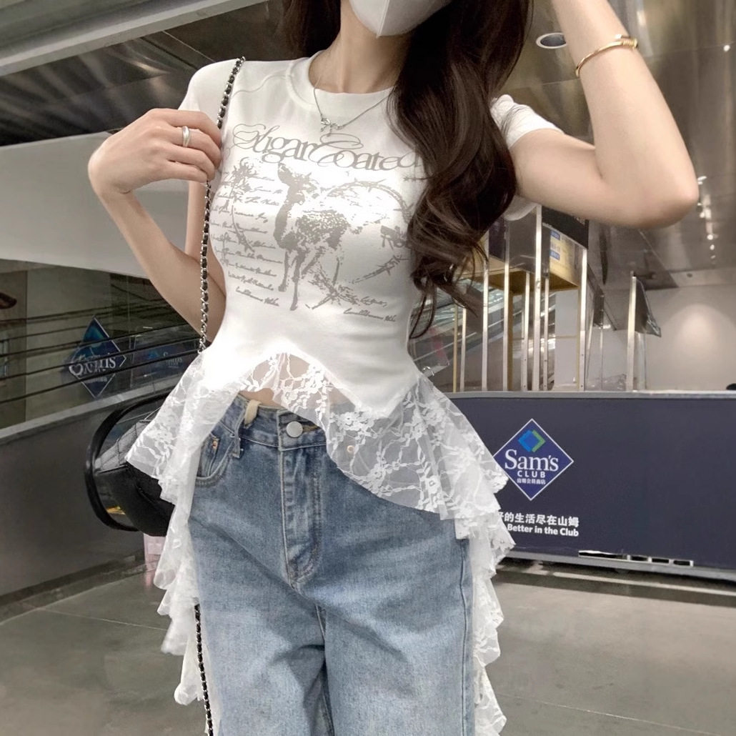 纯欲法式辣妹风蕾丝拼接短袖T恤女夏季修身显瘦字母印花上衣