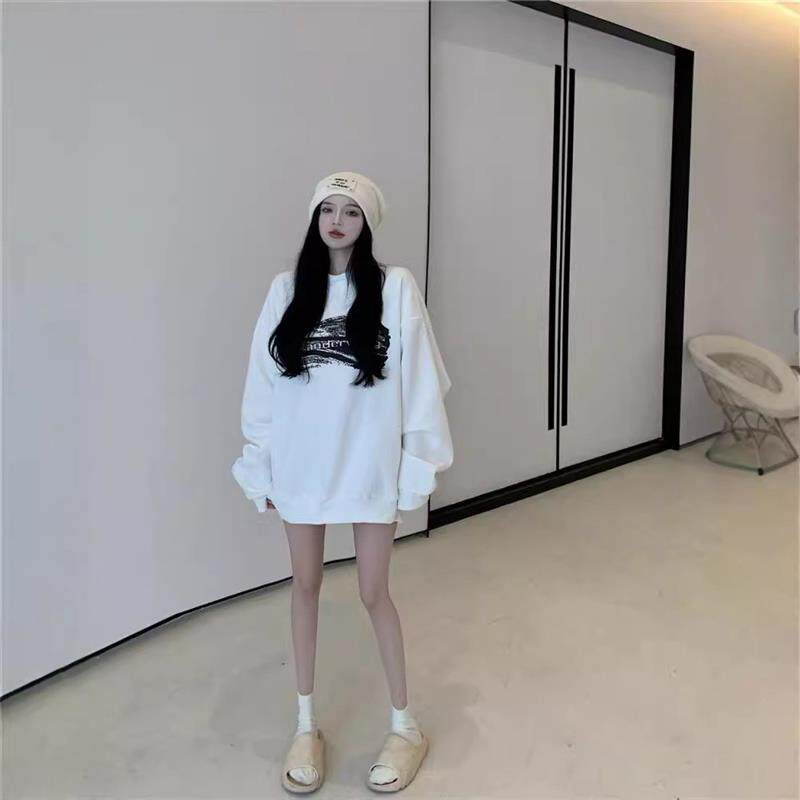 圆领加绒卫衣女下身失踪中长款宽松秋冬oversize外套慵懒风上衣潮