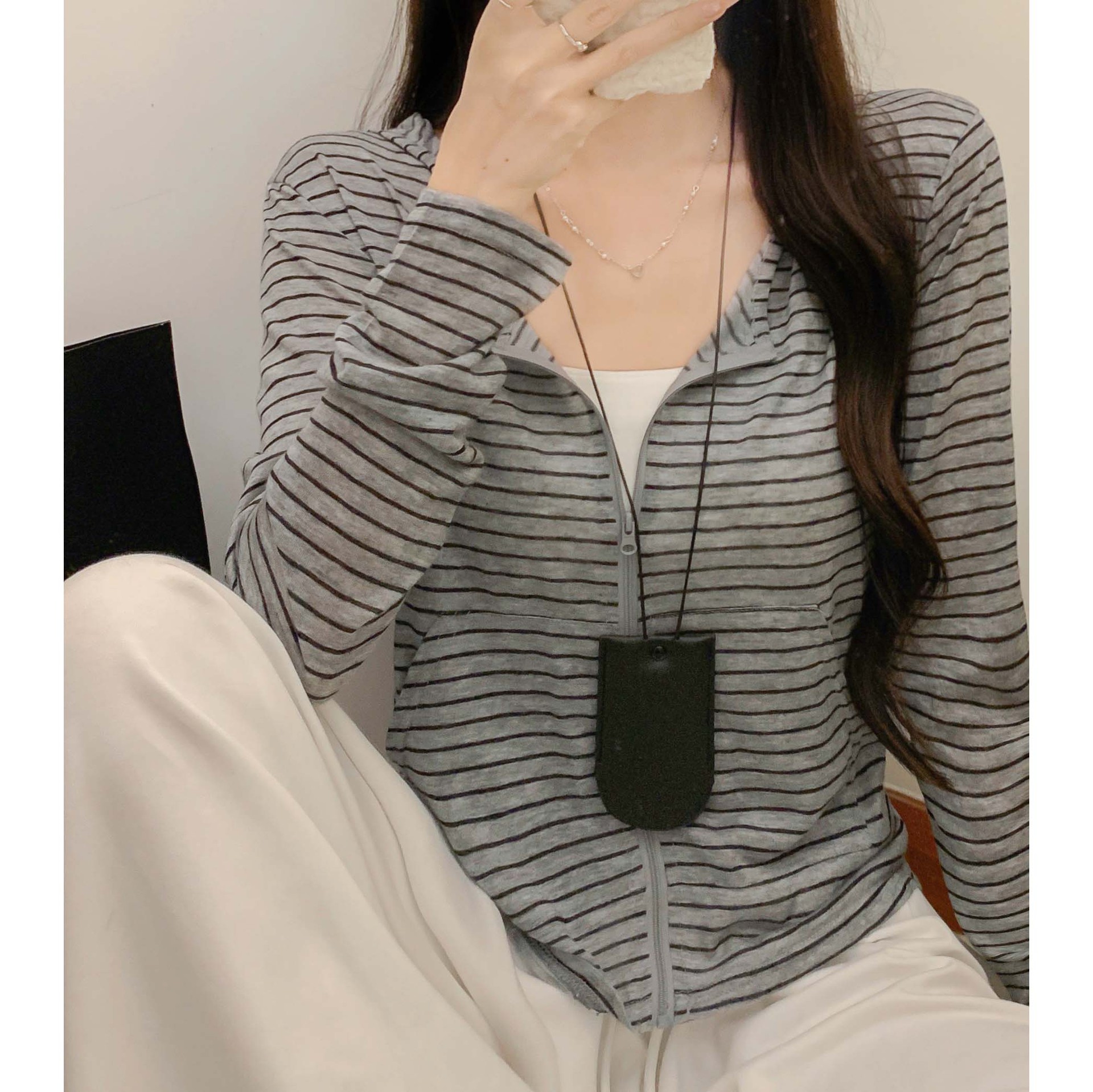 2055莱赛尔撞色条纹连帽拉链开衫长袖防晒外套女薄款百搭短款上衣