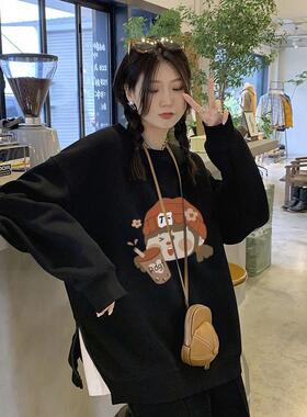 奶fufu正肩加绒加厚卫衣女春秋设计感小众灰色感圆领学生上衣