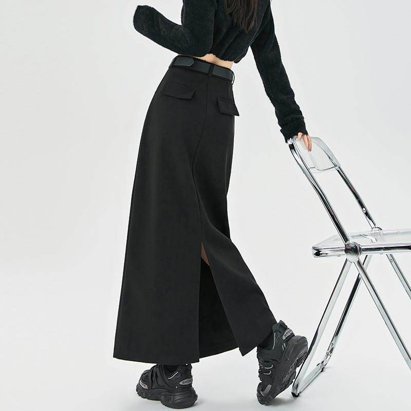 黑色毛呢半身裙女秋冬季2025新款加绒高腰a字直筒包臀开叉长裙子