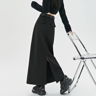 黑色毛呢半身裙女秋冬季2025新款加绒高腰a字直筒包臀开叉长裙子