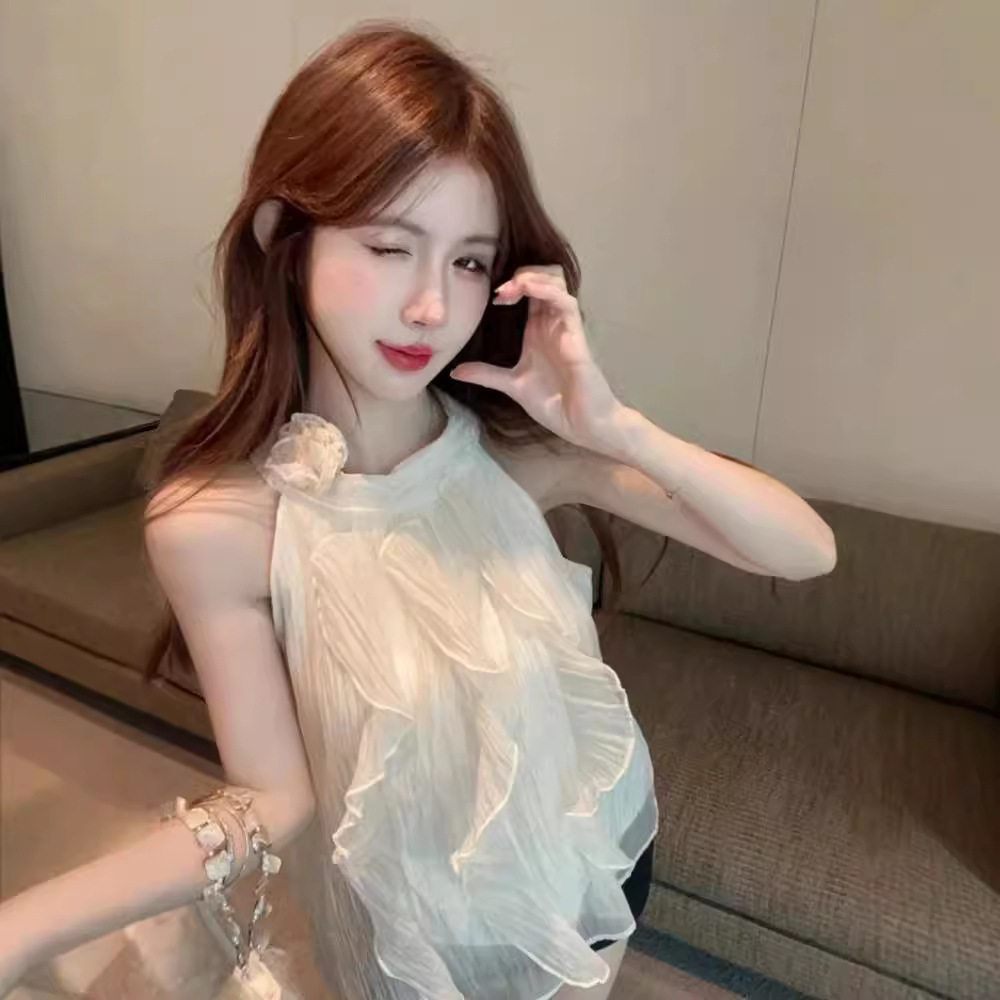 甜美法式温柔风立体花朵挂脖吊带背心女别致小众露肩纯欲无袖上衣