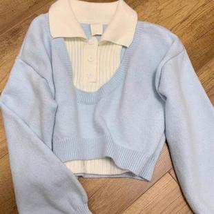 2025韩系慵懒学院风蓝色polo领毛衣女春秋季高腰两件套针织衫百搭