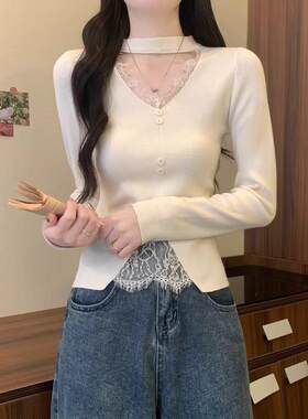 2025新款v领挂脖打底衫女秋冬季内搭毛衣小个子亮色千金御姐上衣