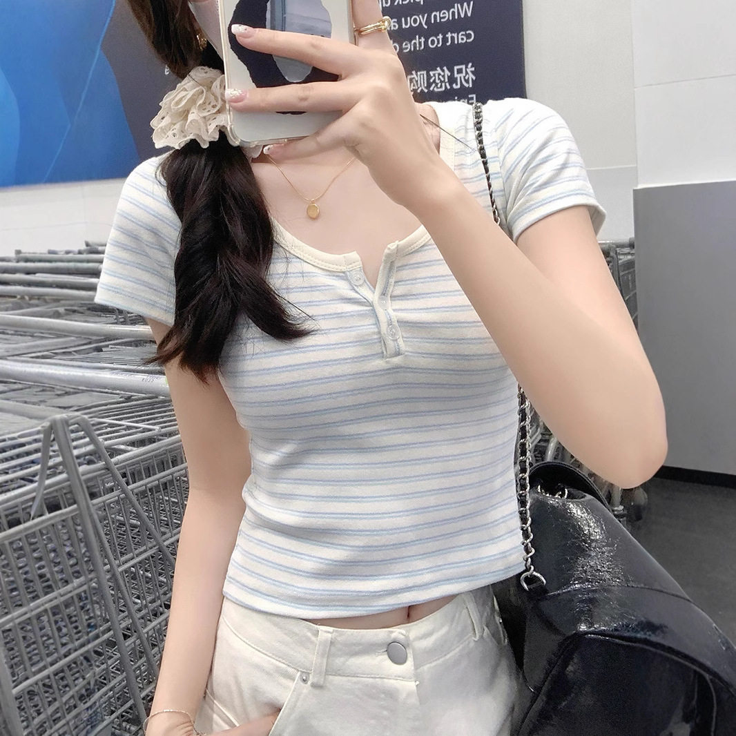 正肩条纹短袖T恤女2025夏季女装新款半开领修身显瘦学生短款上衣