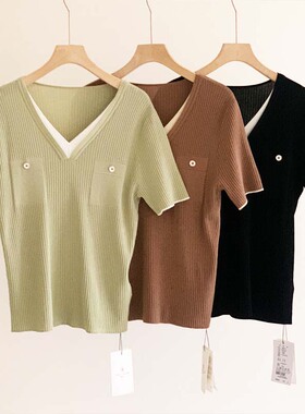 褚老大223051专柜正品2323夏季女装 假口袋钉扣叠领弹力短袖套衫