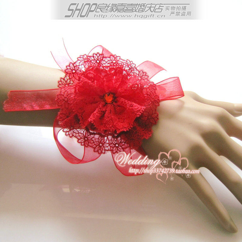 喜庆唯美精致蕾丝中国红新娘手腕花婚礼手花中式婚礼用品结婚饰品