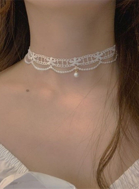 项链女白色蕾丝珍珠颈链网红同款少女气质项圈颈带超仙锁骨链脖饰