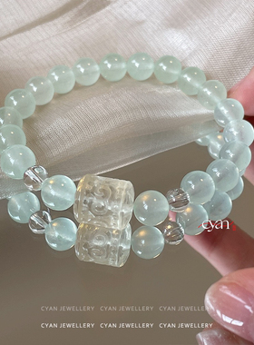 新中式国风珠薄荷绿玉髓手链夏日清新手串弹力小众创意手饰礼物