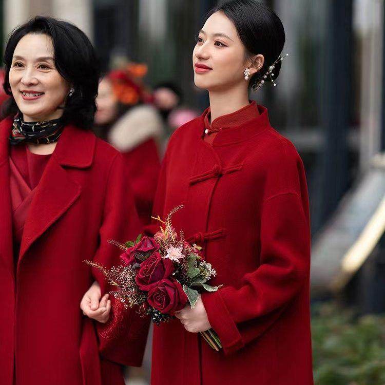 高端红色双面羊绒大衣女