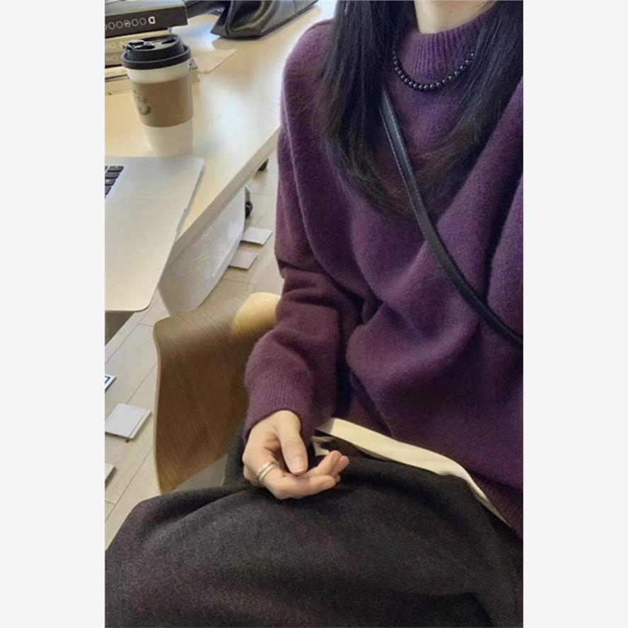 韩系宽松慵懒风紫色圆领