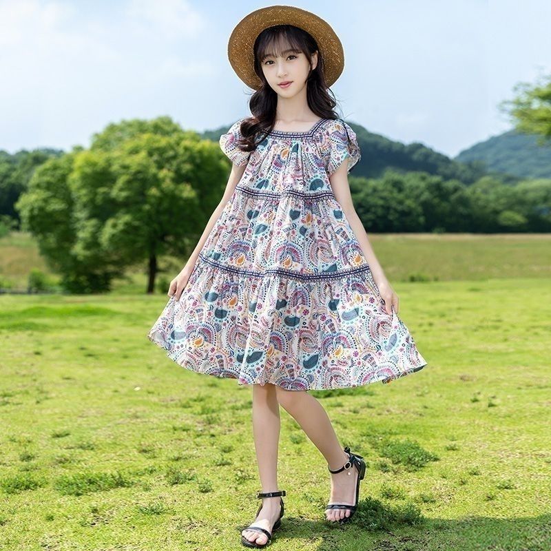 女童连衣裙夏季2025新款儿童洋气裙子民族风中大童夏款宽松碎花裙
