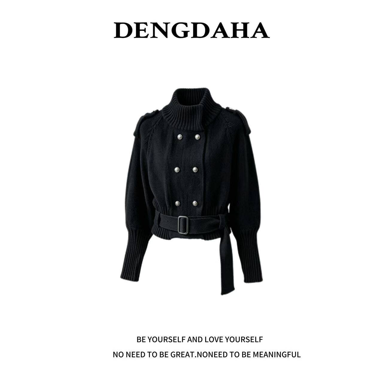 DENGDAHA长袖腰带双排扣高领毛衣新款女装短款秋冬C9179