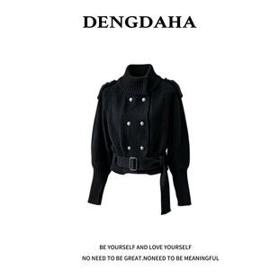 DENGDAHA长袖腰带双排扣高领毛衣新款女装短款秋冬C9179
