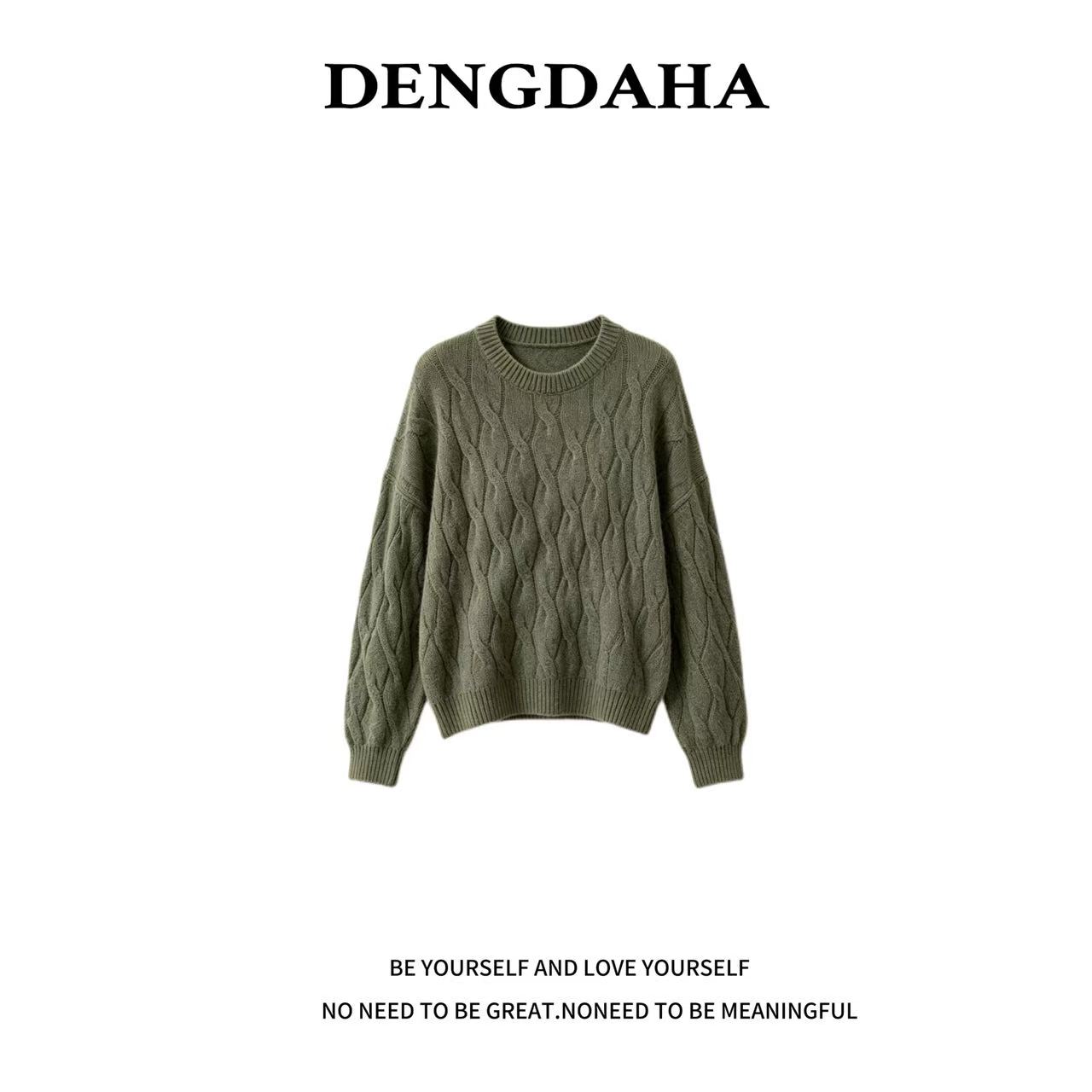 DENGDAHA长袖麻花纹复古风毛衣宽松型针织圆领秋冬C9172