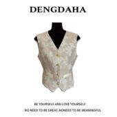 DENGDAHA{浪漫花稿}复古风女装 V领无袖 单排扣花卉图案马甲A302