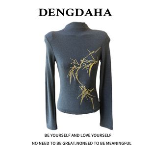 复古风竹子印花休闲秋冬打底衫 修身 X6171 长袖 DENGDAHA圆领女装