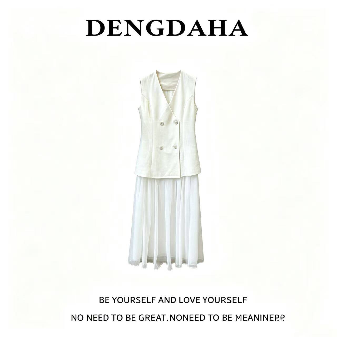DENGDAHA[静素}双排扣百搭西装宽松型连衣裙V领无袖修身显瘦T527