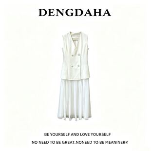 DENGDAHA[静素}双排扣百搭西装宽松型连衣裙V领无袖修身显瘦T527