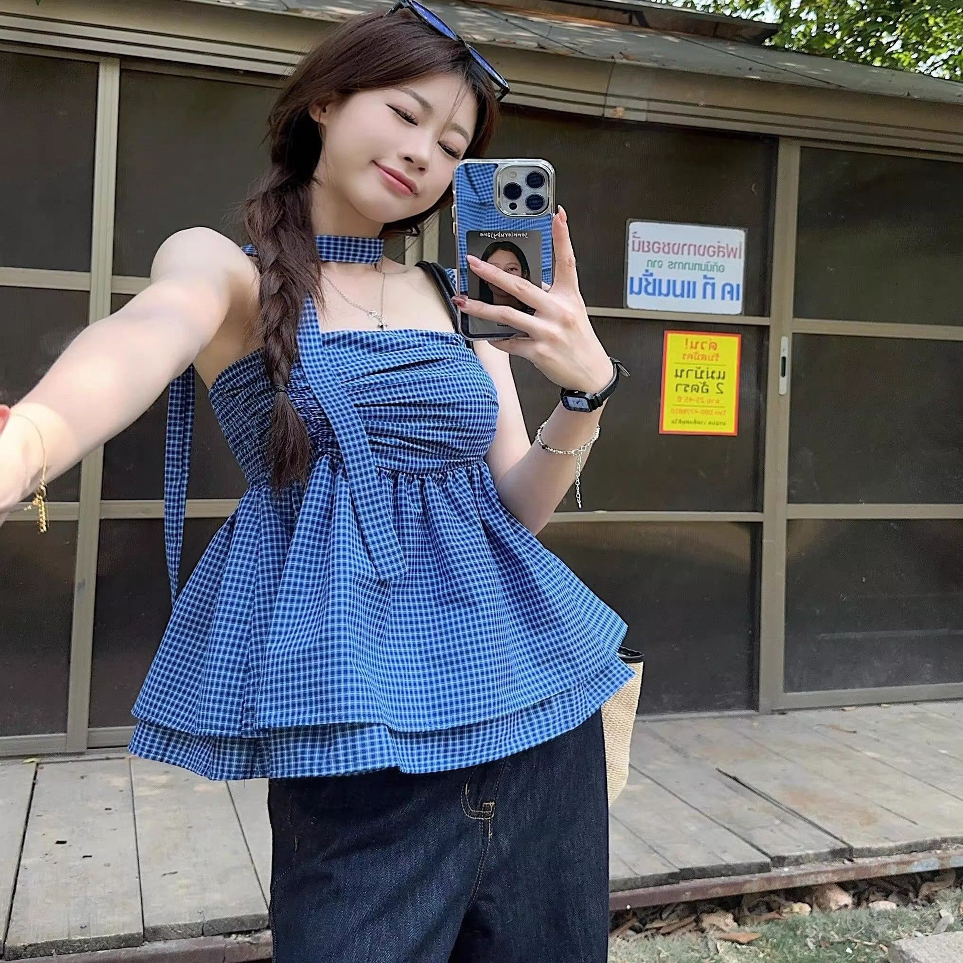 复古蓝色格子飘带夏辣妹收腰海边外穿无袖上衣挂脖抹胸背心吊带