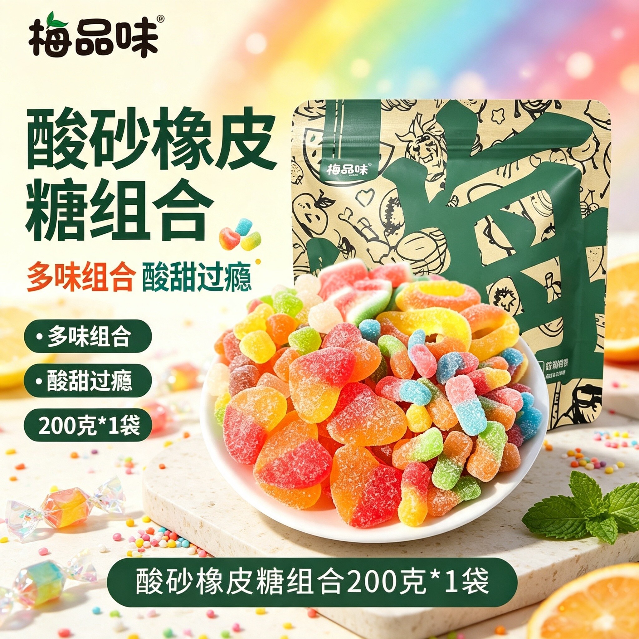 梅品味童年酸砂橡皮糖散装200g多种口味酸甜QQ糖网红儿童休闲软糖