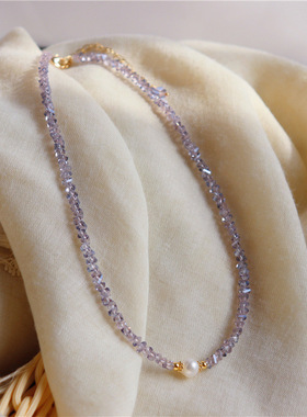 简约紫色多棱珍珠项链紫水晶女