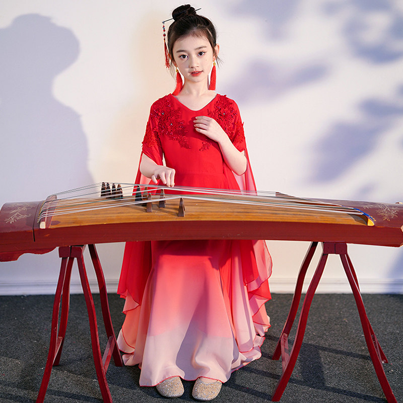 儿童古筝演奏比赛演出服女中大童超仙原创古典汉服超仙水袖表演服