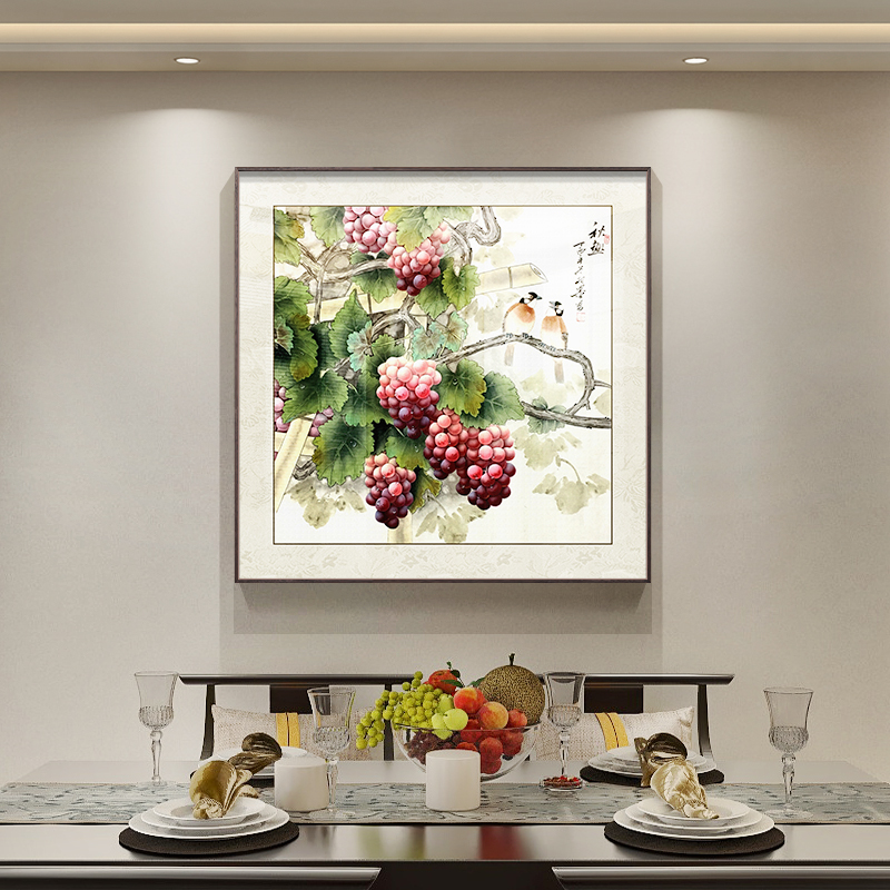 新中式餐厅装饰画紫气东来葡萄客厅挂画餐桌背景墙面水果壁画国画图片