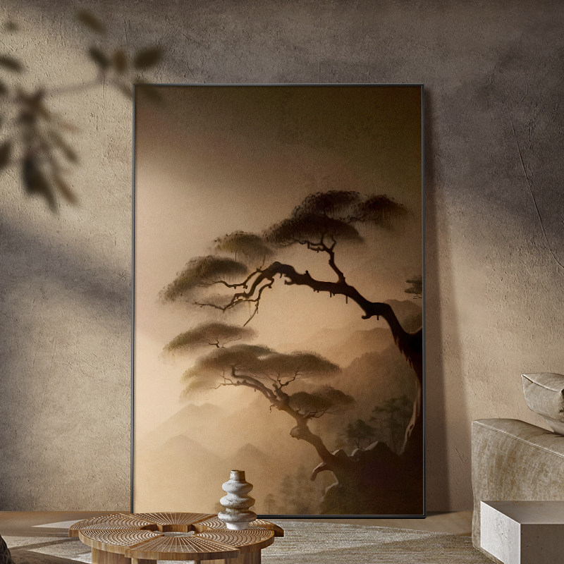 侘寂风松树客厅沙发背景墙装饰落地画新中式玄关茶室酒店民宿挂画
