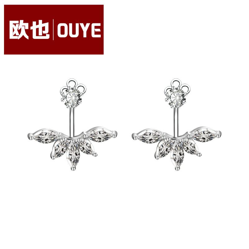 欧也送女友生日礼物925银镶嵌仿锆石向阳花银耳钉前后银耳扣